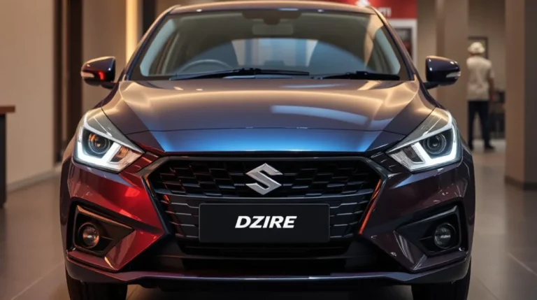 "2025 Maruti Suzuki Dzire in a bold dual-tone color, showcased in a modern showroom with sharp LED headlamps, sporty alloy wheels, and a sleek, aggressive front design."
