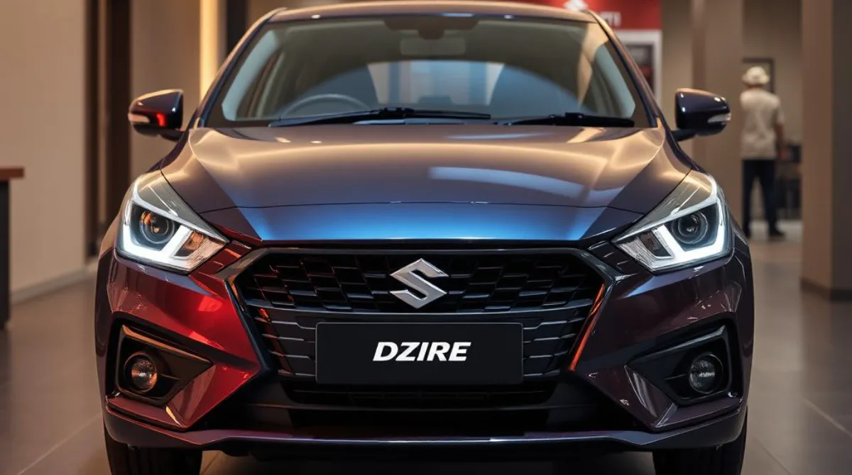 "2025 Maruti Suzuki Dzire in a bold dual-tone color, showcased in a modern showroom with sharp LED headlamps, sporty alloy wheels, and a sleek, aggressive front design."