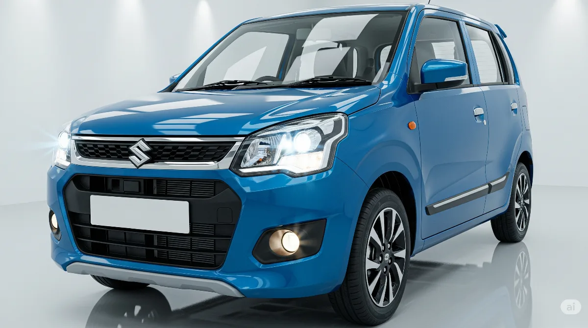 2025 Maruti WagonR Premium Model in vibrant electric blue metallic color, showcasing bold chrome grille, LED DRL headlamps, sporty alloy wheels, and premium interior features. Parked in modern showroom with spotlight lighting